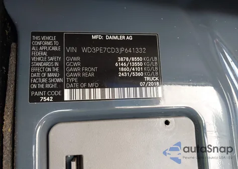 2018 Mercedes-Benz Sprinter 2500 Standard Roof V6 из США, поврежденный, VIN WD3PE7CD3JP641332